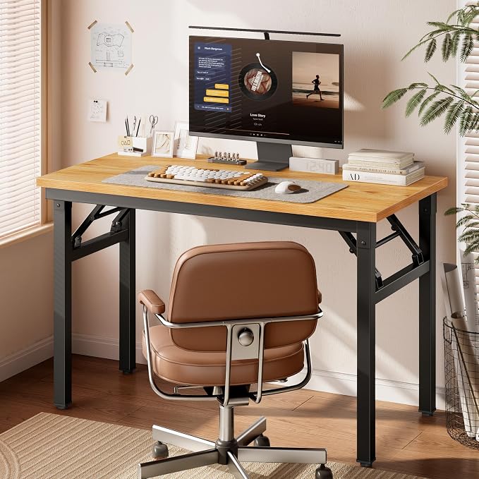 DlandHome 35.8 Inch Small Folding Computer Desk for Home Office, Teak Black | Foldable Writing Table for Small Spaces Bedroom, No Assembly Required, Wood Top Metal Frame, Collapsible Compact Easy Storage