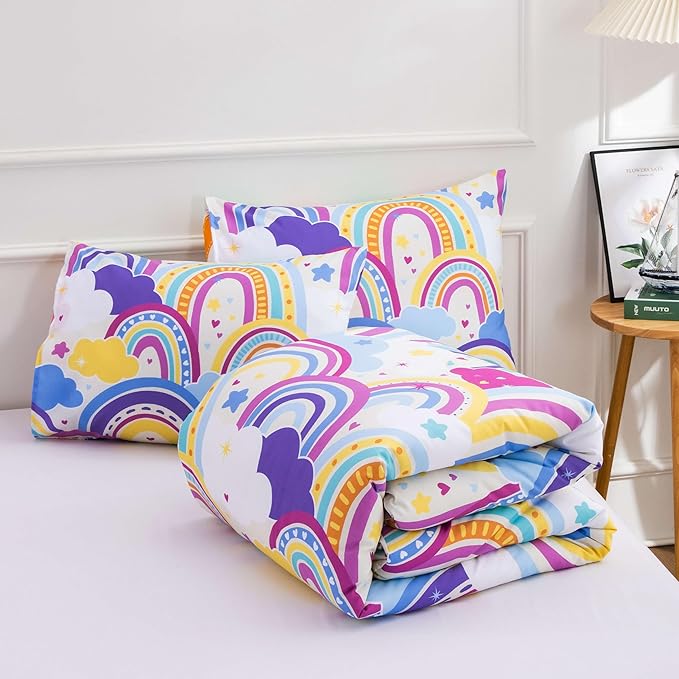 Btargot Lightweight Soft 3 Piece Rainbow Comforter Set with 2 Pillow Covers, Cartoon Love Hearts Flowers and Sun Star Bedding Set for Girls Boys Kids,Full Light Purple