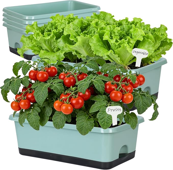 Window Box Planter 6 Pcs, 18 Inches Rectangle Flower Pots with Drainage Holes and Trays, Vegetable Planters for Windowsill Patio Garden Balcony Home Porch Yard Indoor Outdoor (Green, 18*10*6 inch)