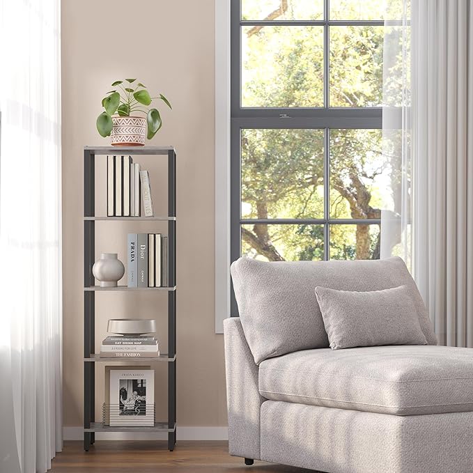 TUTOTAK Bookshelf, 5-Tier Tall Book Shelf, Narrow Bookcase for Small Space, DIY Stackable Bookshelf, for Living Room, Office, Study, Entryway, Industrial, Greige and Black BS01BG005