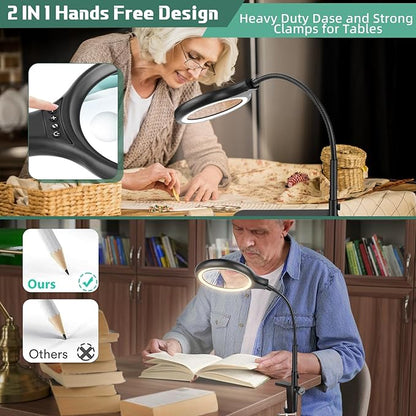 NZQXJXZ Large 2-in-1 Magnifying Glass with 72 LEDs Light and Stand 20X 10X Magnifying Lamp with Large Base and Clamp, 3 Color Modes and 10 Stepless Dimmable, Hands Free Desk Magnifier for Close Work