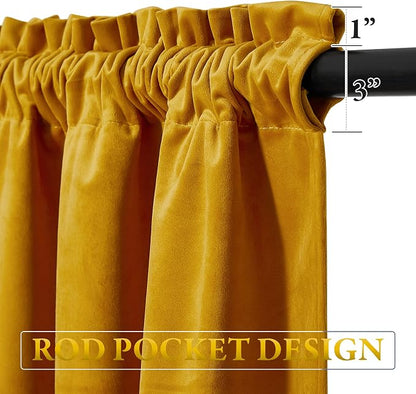 Warm Gold Autumn Tassel Velvet Valances Curtains 52x18 Inch 2 Panels | Rod Pocket Scalloped Tier Curtains, Light Dimming Privacy Protect Window Drapes for Cafe, Holiday Fall Decor