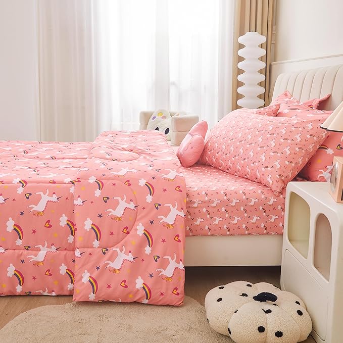 Mooreeke Twin Size Comforter Sets for Girls Kids, 6 Pieces Bed in a Bag Pink Unicorn Rainbow Bedding Comforter Sheet Set with Shams and Decorative Toy Pillow, Ultral Soft Microfiber Kids Bed Set