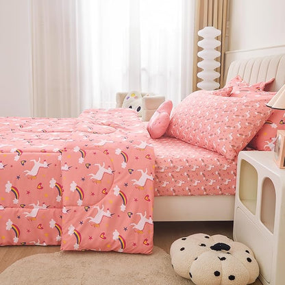 Mooreeke Twin Size Comforter Sets for Girls Kids, 6 Pieces Bed in a Bag Pink Unicorn Rainbow Bedding Comforter Sheet Set with Shams and Decorative Toy Pillow, Ultral Soft Microfiber Kids Bed Set