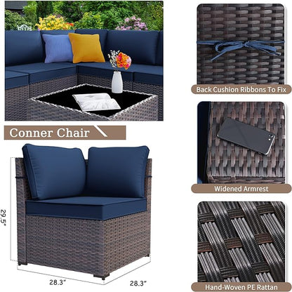 Patio Furniture Set Sofa 6pcs Wicker Sectional Sofa Set, Outdoor Furniture Rattan Patio Conversation Set with Thickened Cushions and Glass Coffee Table, Dark Blue