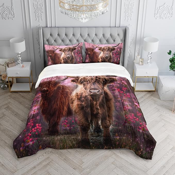 Cow Print Comforter Set Full Size Cherry Blossoms Cow Bedding Set Farmhouse Animals Quilt Bed Set with 1 Comforter and 2 Pillowcases
