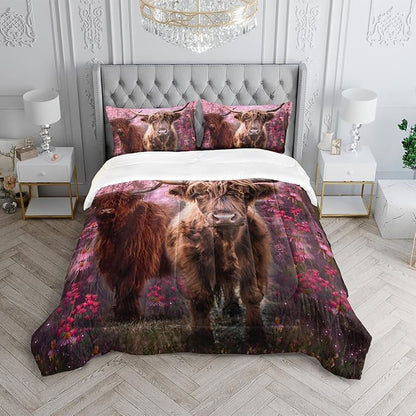 Cow Print Comforter Set Full Size Cherry Blossoms Cow Bedding Set Farmhouse Animals Quilt Bed Set with 1 Comforter and 2 Pillowcases