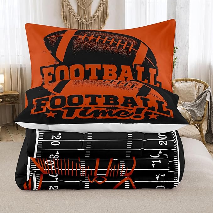 Tailor Shop Sports Football Comforter Set for Boys Kids Teens ，Football Bedding Sets King Size Black Rugby Theme Bedding Set with 2 Comforter 2 Pillowcases