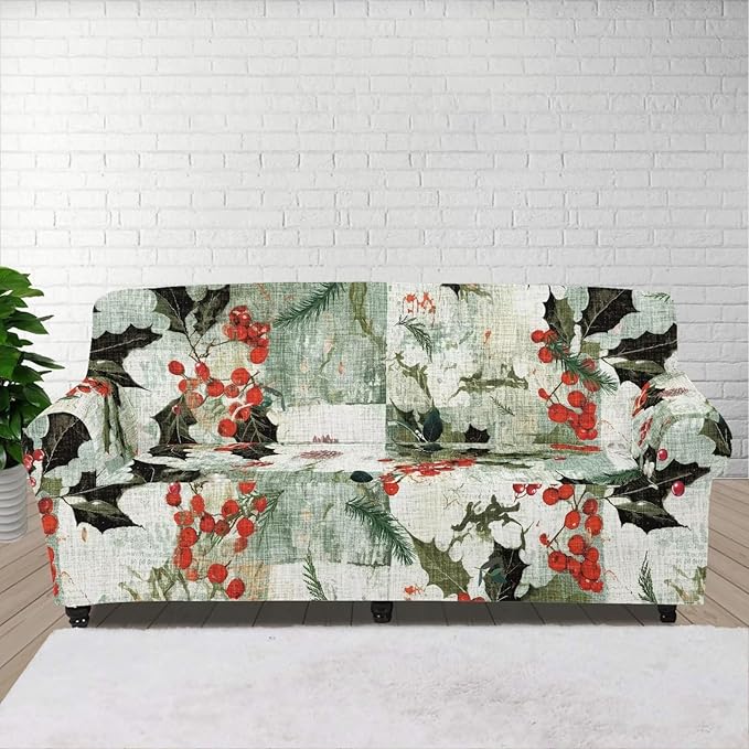 FKELYI Christmas Sofa Cover Stretch Couch Covers Xmas Poinsettia Berry Printed Non Skid Cushion Couch Sofa Slipcover Furniture Protector-M