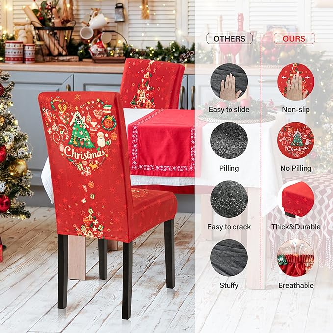 4PCS Christmas Dining Chair Covers, Stretch Removable Washable Dining Room Chair Protector Slipcovers, Xmas Tree Heart Kitchen Chair Cover, Slipcover Protector for Xmas Holiday Party Home Décor
