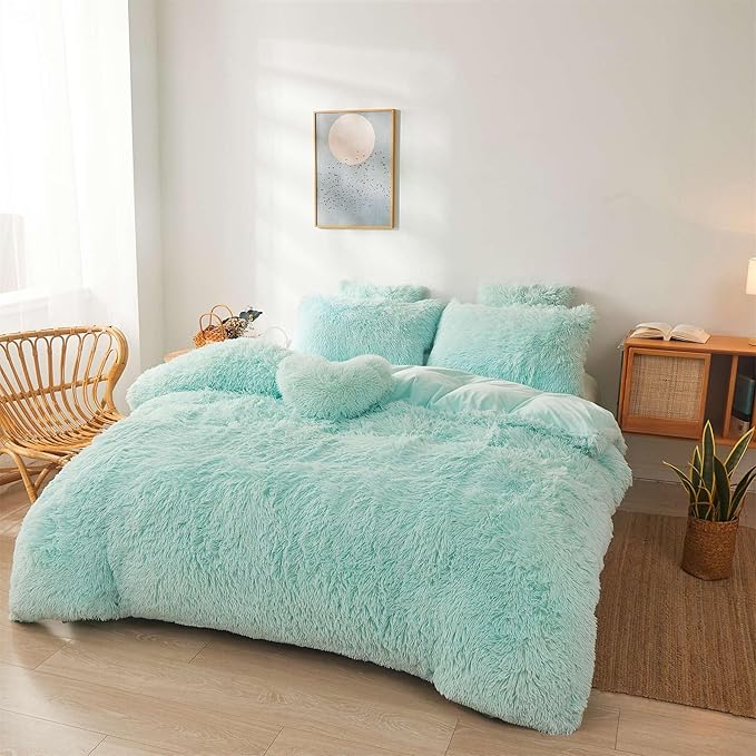Fluffy mint green comforters Cover twin size - Ultra Soft Plush bedding Sets 2 Pieces (1 faux fur comforter Cover + 1 fuzzy pillow case) girls shaggy green twin bed set (Mint Green, Twin)