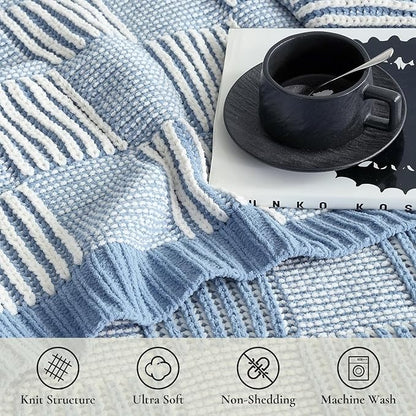 Amélie Home Chenille Knit Throw Blanket for Couch, Checkered Texture Decorative Soft Blanket for Sofa, Bed & Living Room, 50"x60", Blue & White