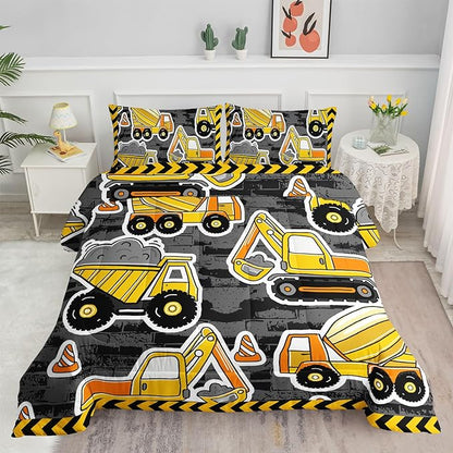 Datura home Kids Construction Truck Comforter Set for Boys Kids,Excavators Truck Machinery Vehicles Tractor Printed Bedding Set with 1 Comforter and 2 Pillowcases(Truck Yellow Queen)90x90in