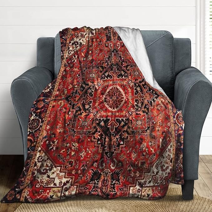 Heriz Antique Vintage Boho Persian Carpet Flannel Fleece Throw Blankets 50"X40" Lightweight Fluffy Winter Fall Blanket Cozy Soft Fuzzy Plush Home Decor for Couch Bed Sofa Bedroom Living Room Travel