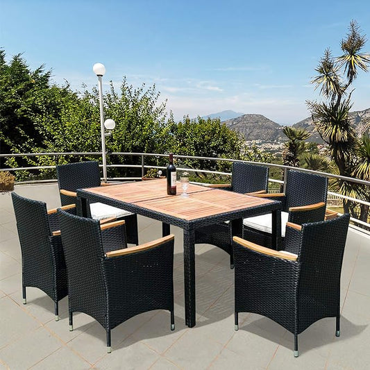 7-Piece Outdoor Dining Table Set with Acacia Wood TableTop and 6 Chairs, Rattan Wicker Patio Furniture for Garden Backyard Poolside, Onesize, Black