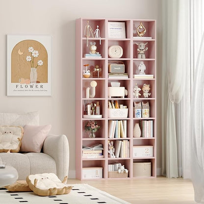 FOTOSOK 8-Tier Media Tower Rack, 11.6 X 9.3 X 70.9 Inches CD DVD Slim Storage Cabinet with Adjustable Shelves, Tall Narrow Bookcase Display Bookshelf for Home Office, Pink