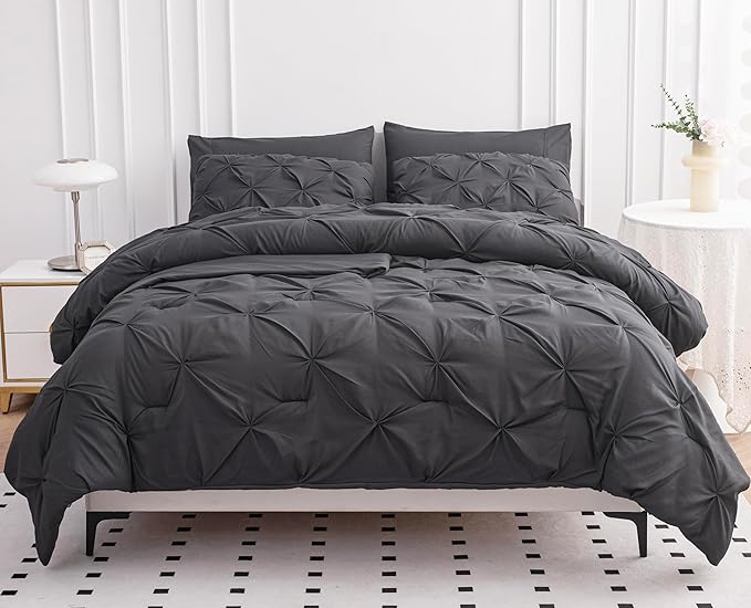LANE LINEN King Size Comforter Set with Sheets, Pillowcases & Shams, 7 Piece Bed in a Bag Set King Size, Pintuck King Bed Comforter Set, Soft King Bedding Set, Pinch Pleated King Size Bed Set - Grey