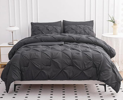 LANE LINEN King Size Comforter Set with Sheets, Pillowcases & Shams, 7 Piece Bed in a Bag Set King Size, Pintuck King Bed Comforter Set, Soft King Bedding Set, Pinch Pleated King Size Bed Set - Grey