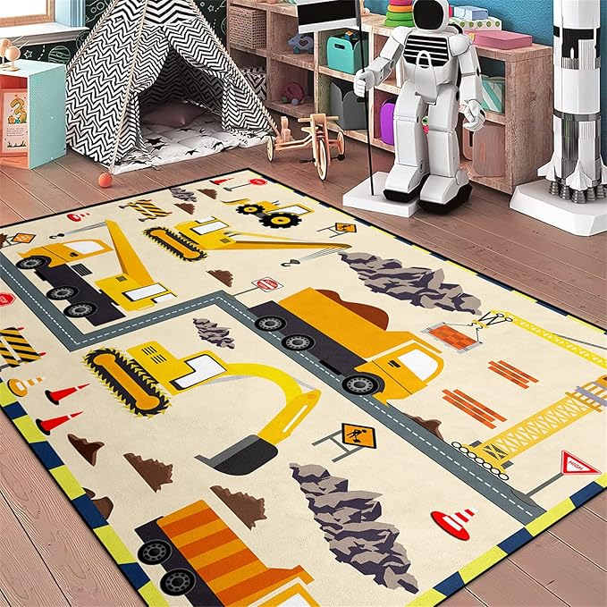 Construction Play Mat Car Rug Play Mat Construction Rugs for Boys Room Car Rug for Boys Room Construction Decor for Boys Room Playroom Rug for Livingroom 3'×4'