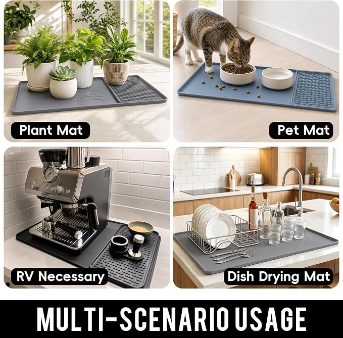 Caketime 2 In 1 Silicone Coffee Bar Mat Accessories for espresso Machine with Detachable Dish Drying Rug Waterproof Kitchen Office House Gadgets Under Sink Drainer Supplies 16"x20" Beige