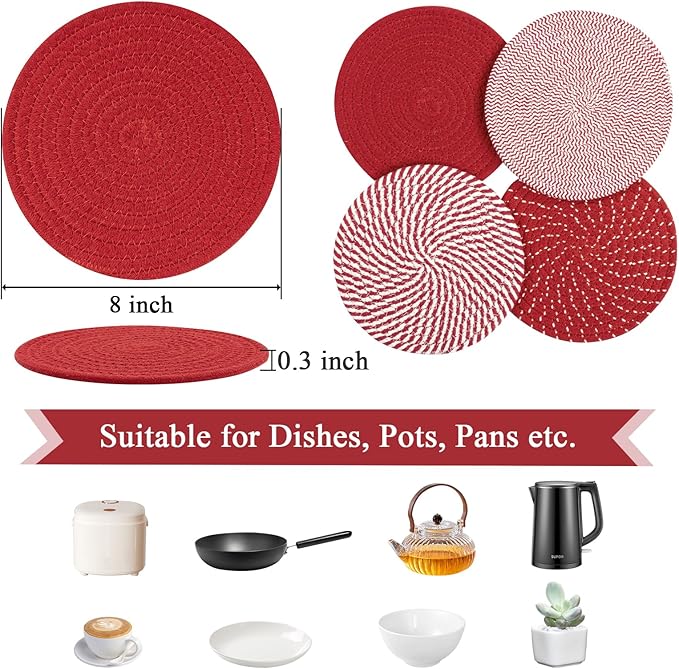 SHACOS 8 Inches Trivets for Hot Dishes, 4 Pieces Cotton Trivets Mats for Kitchen, Hot Pads for Countertops and Table, Heat-Resistant Pot Holders for Hot Pots and Pans(Red, 4pcs)