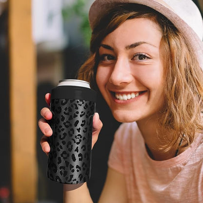 Universal Can Cooler - Signice 3 in 1 Insulated 12 oz Beer Can Insulator Stainless Steel Metal Holder for 12oz Slim Skinny Tall Standard Cans Bottle Hard Seltzer Soda Energy Drinks (Black Leopard)