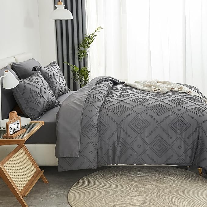 EMME King Comforter Set - 7 Pcs Dark Grey Boho Bedding Sets, King Size Tufted Comforter with Sheets, Shabby Chic Embroidery Bed Set Fluffy Bed Bag for All Season(102"X90")