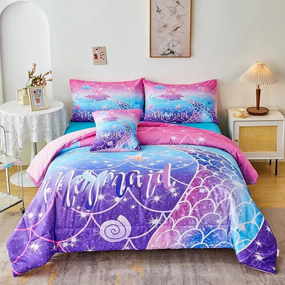 URBONUR 6Pcs Twin Bedding Set for Girls Gradient Purple Blue Mermaid Printed Comforter Set for Twin Bed, Teen Girls Comforter with Sheet Set - Bed in a Bag, Soft and Easy Care Bed Set