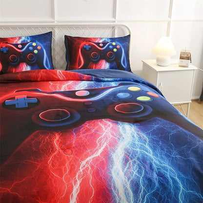 Meeting Story Gamer Gaming Bedding Sets Tie Dye Lightnings Gamepad Comforter Set for Boys Games Console Action Buttons Novelty Colorful Modern Room Decor Home Quilt Set (Twin, Red-Blue)