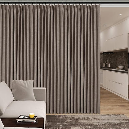 Extra Wide 100% Blackout Linen Textured Curtains - Room Dividers, W150 x L108 (1 Panel), Pinch Pleat Drapes for Living Room, Full Light Block Out Drapery for Sliding Door, Light Coffee