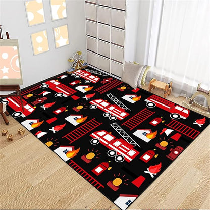 Car Play Rug Fire Fighting Truck Area Rug Car Rug Play Mat Kids Rugs for Playroomcar Rug for Boys Room Carpet Floor Mat for Bedroom Living Room,Black 4'×5'