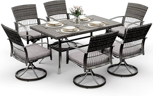 Pamapic 7 Piece Patio Dining Set for 6,Outdoor Wicker Furniture Set for Backyard Garden Deck Poolside with 6 Cushions Swivel Rocker Chairs,Iron Slats Table Top, Removable Cushions(Gray)