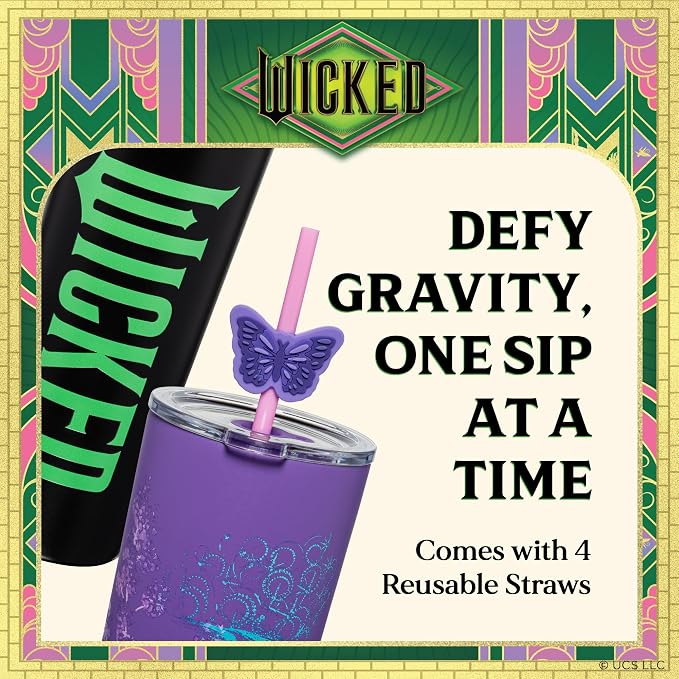 Dragon Glassware x Wicked: For Good Stainless Steel Tumbler, 24 oz 2-Pack | Set of 2 Vacuum Insulated Stainless Steel Wicked Cups with Lids & Straws; With Straw Charm; Official Wicked Merch