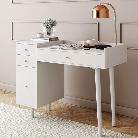 Nathan James Daisy Vanity Dressing Table or Makeup Desk with 4-Drawers and Brass Accent Knobs, White Wood