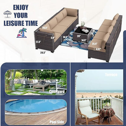 Patio Furniture Set 9PCS Outdoor Furniture for Backyard Wicker Sectional Sofa Set, Rattan Patio Conversation Set with Thickened Cushions and Glass Coffee Table, Sand