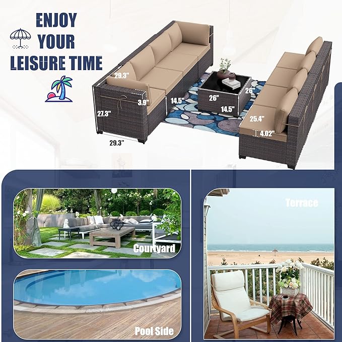 Patio Furniture Set 7-Pieces Outdoor Furniture for Backyard Wicker Sectional Sofa Set, Rattan Patio Conversation Set with Thickened Cushions and Glass Coffee Table, Sand