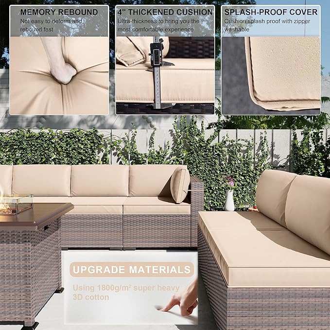 Kullavik 10 Pieces Outdoor Patio Furniture Set with 43" Gas Propane Fire Pit Table PE Wicker Rattan Sectional Sofa Patio Conversation Sets,Sand