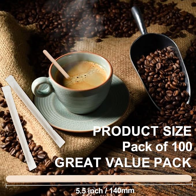 ANTETOK Wooden Coffee Stirrers - Coffee Stir Sticks 5.5 Inch,100pcs Individually Wrapped Disposable Swizzle Sticks,Swizzle Drink Sticks for Coffee,Tea,Cocktail and Hot Chocolate