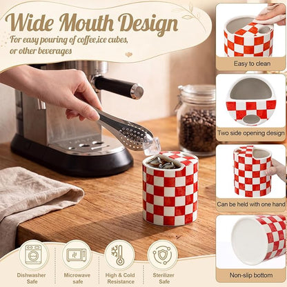 6 Pack Checkered Ceramic Coffee Mug with Sip Hole 10 oz Espresso Cup with Straws Retro Hand Painted Checkered Porcelain Coffee Tea Cup Cappuccino Latte Mug for Kitchen Dining Travel