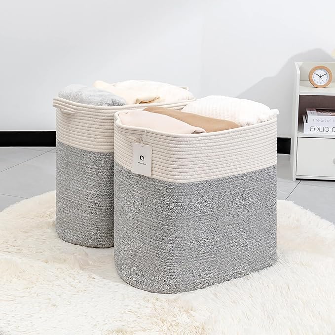 Large Cotton Tall Rectangle Small Laundry hamper Dog Toy Storage Baskets Woven Basket Bins Foldable Medium With Handle Toys and Fabric Storing Storage Silver Gray 2 Pack