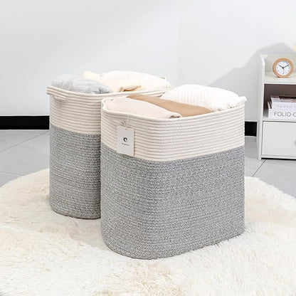 Large Cotton Tall Rectangle Small Laundry hamper Dog Toy Storage Baskets Woven Basket Bins Foldable Medium With Handle Toys and Fabric Storing Storage Silver Gray 2 Pack
