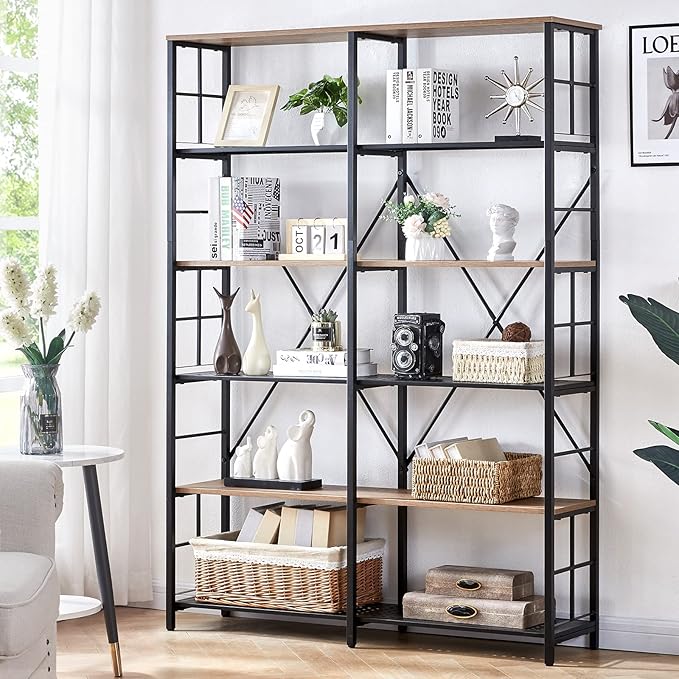 HOMISSUE Double Wide 6-Tier Bookshelf,Industrial Bookcases with Metal Frame,Open Large Storage Bookshelves,Wood Style and Metal Tall Display Shelves for Living Room Office,Brown