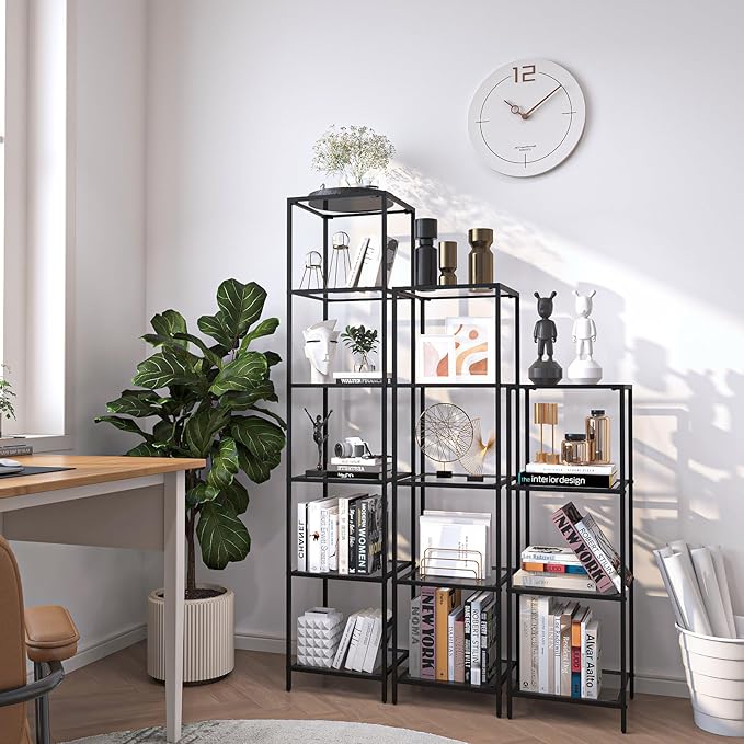 5-Tier Bookshelf,Metal Bookcase,Tempered Glass Shelves,Storage Rack Shelf for Home Office,Living Room,Bedroom, Bathroom,Modern Style, Black