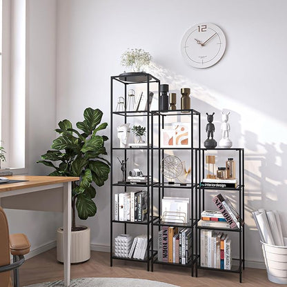 5-Tier Bookshelf,Metal Bookcase,Tempered Glass Shelves,Storage Rack Shelf for Home Office,Living Room,Bedroom, Bathroom,Modern Style, Black