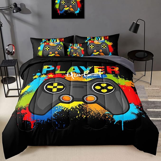 6 Pieces Gamer Comforter Set for Boys Gaming Bedding Set Queen Size,Video Game Controller Comforter for Kids Adult 3D Gamepad Microfiber Bedding Sets 6 Pieces Bed in A Bag Sets30019,Queen