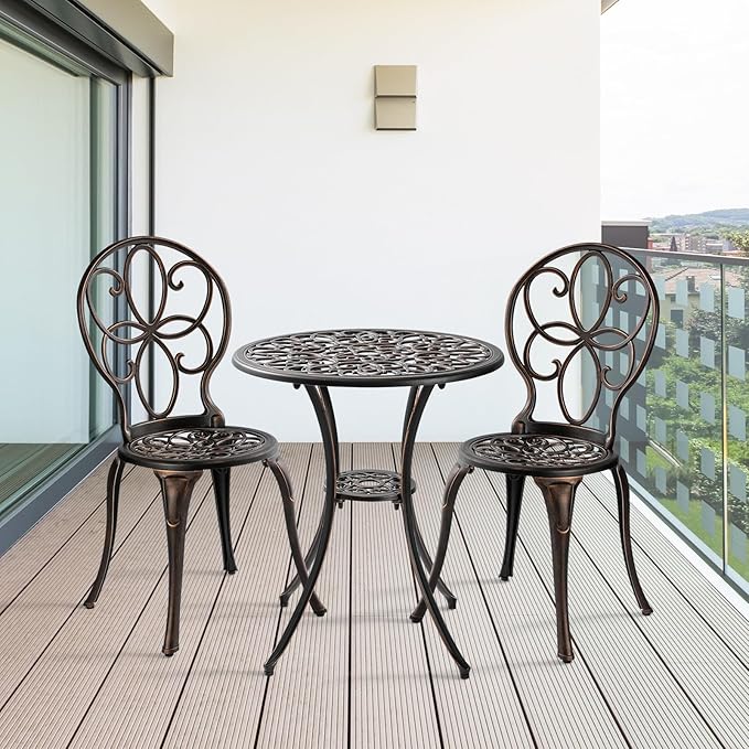 3 Piece Outdoor Bistro Set, Cast Aluminum Bistro Table and Chairs Set, Weather Resistant Patio Metal Bistro Sets, Patio Table Set with Umbrella Hole for Balcony Backyard Garden