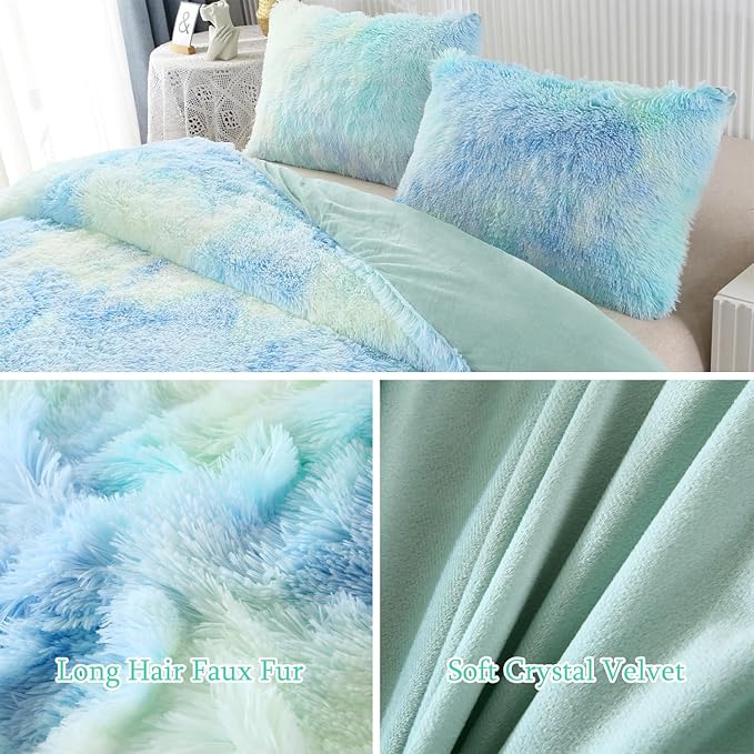 WINLIFE Shaggy Bedding Comforter Set Faux Fur Flannel Furry Comforter Long Hair Fluffy Plush Comforter Sets Ombre Blue Aqua Teal Bedding for Girls Adults (3Pcs, Full, Mint Green)