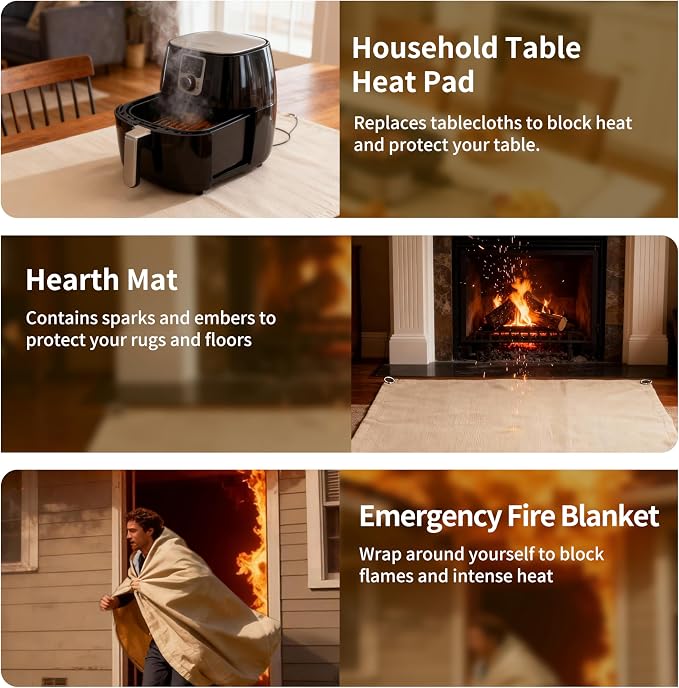 Fireproof Blanket,Made of Fiberglass with Bound Edges and Metal Perforations, can be Laid Flat or Hung up, Suitable for Camping, Home fire Protection,BBQ Grill mats.(17.72x17.72 Inch, Khaki)