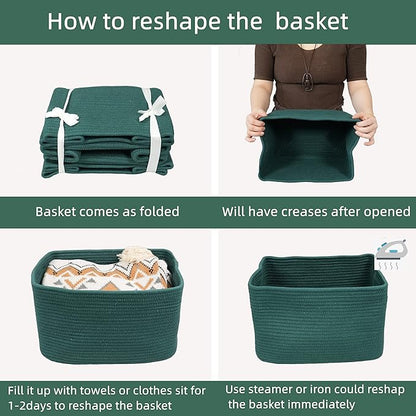 Cotton Rope storage Basket Bins14.5X9.5X9.3“ Basket for Organizing Shelves Rectangle Decorative Baskets For storage Clothes Toys Books Towels Square Wicker Nursery basket organizer 3 pack Dark green