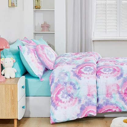 Mooreeke Tie Dye Kids Comforter Bed Set Full Size for s Girls, 8 Pieces Bed in a Bag with Shams, Sheet Set, A Toy Pillow Dark Pink Round Flower Full Soft Microfiber Kids Comforter Bedding Set